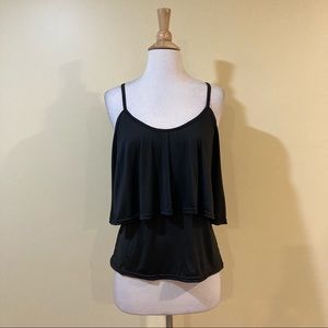Cold Shoulder Ruffled Overlay Spaghetti Strap Half Sleeve Black Blouse